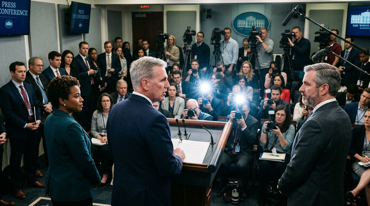 Politische Pressekonferenz mit Reportern und Kameras
