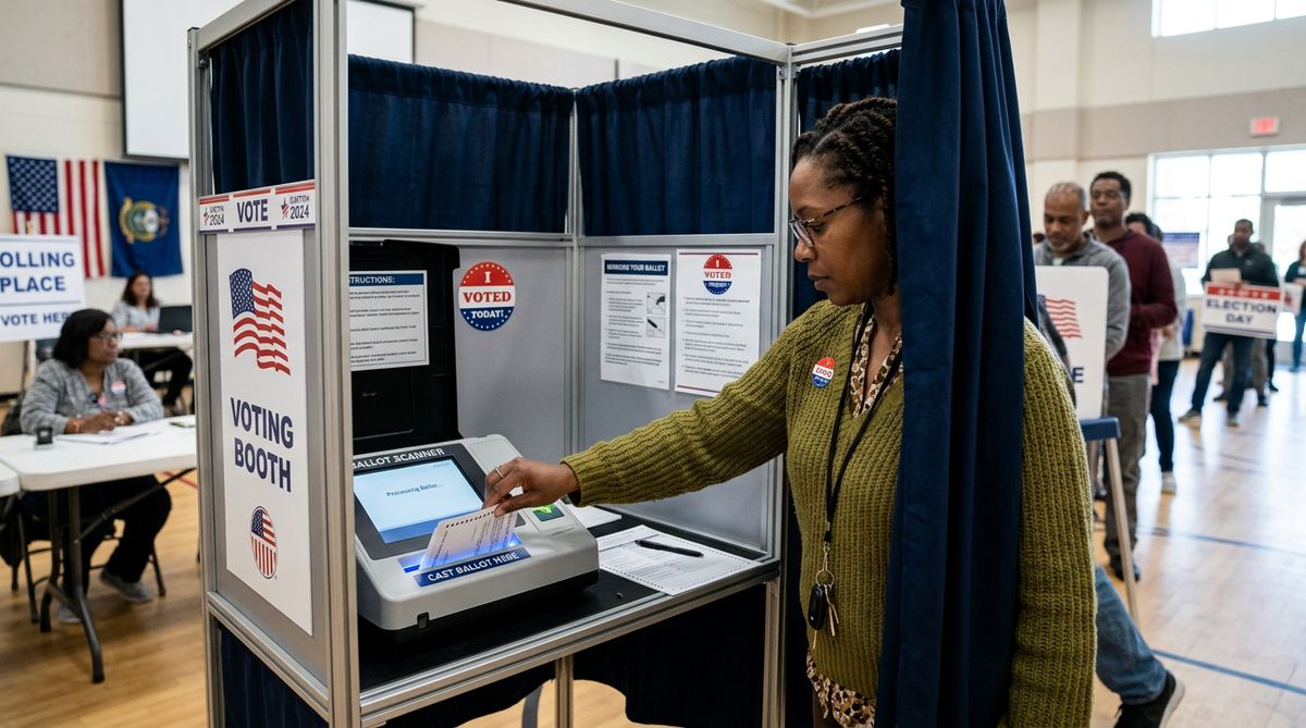 Amerikanischer Buerger beim Ausfullen des Stimmzettels im Wahllokal