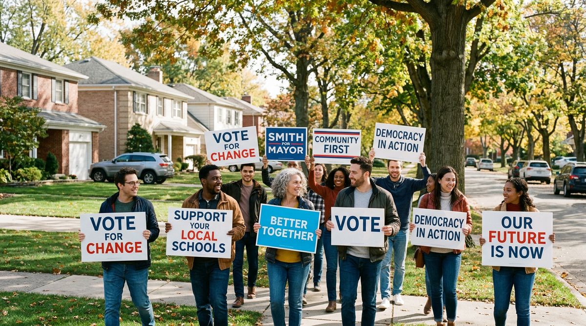 Wähler mit Wahlkampfschildern in einem US-Vorort an einem Wahltag