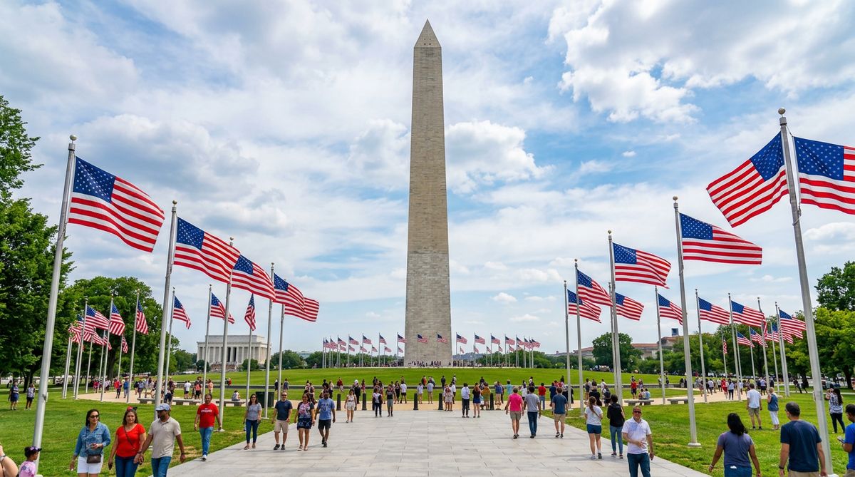 Washington Monument mit amerikanischen Flaggen auf der National Mall