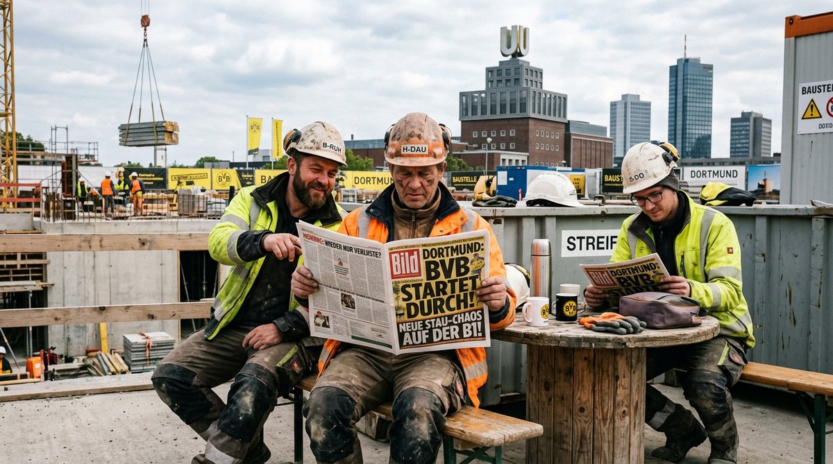 Arbeiter liest Zeitung in der Pause auf einer Baustelle