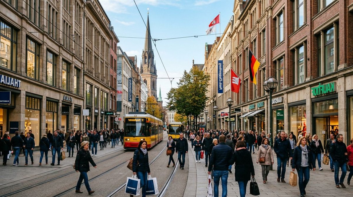 Belebte Einkaufsstra&szlig;e in Hamburg im Sommer