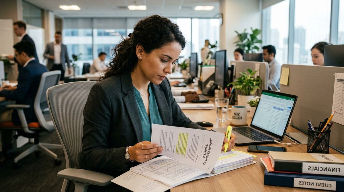Frau am Arbeitsplatz mit Wahlunterlagen zur Wahlentscheidung