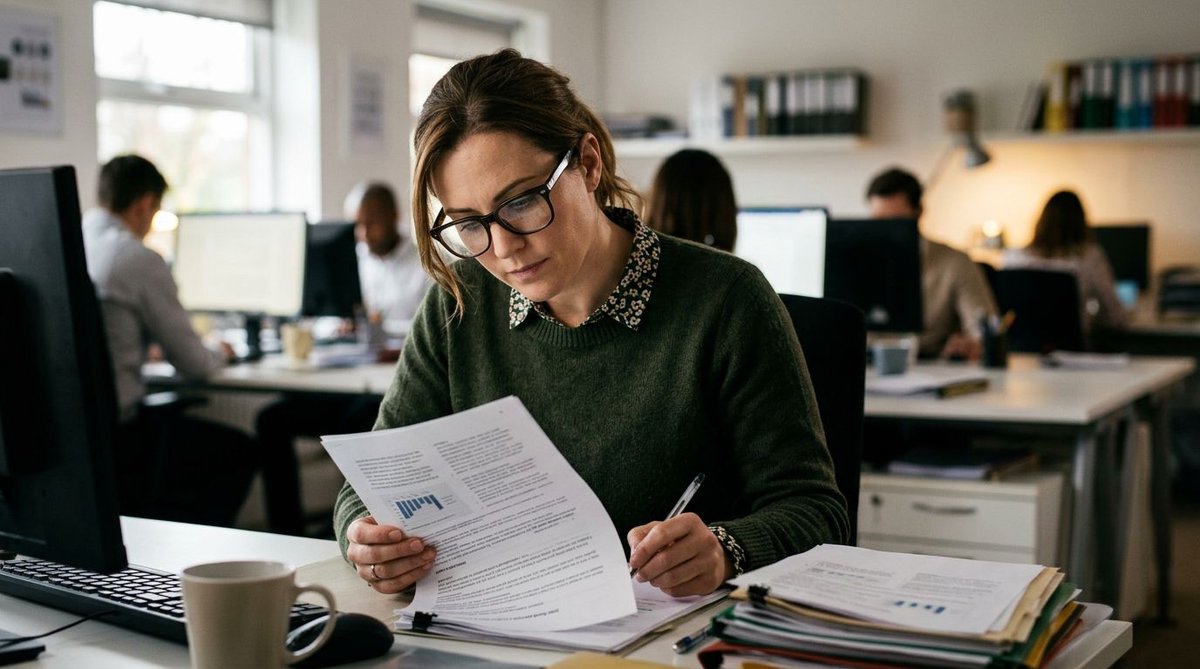 Frau liest Wahlunterlagen am Arbeitsplatz &mdash; Symbolbild f&uuml;r politische Bildung