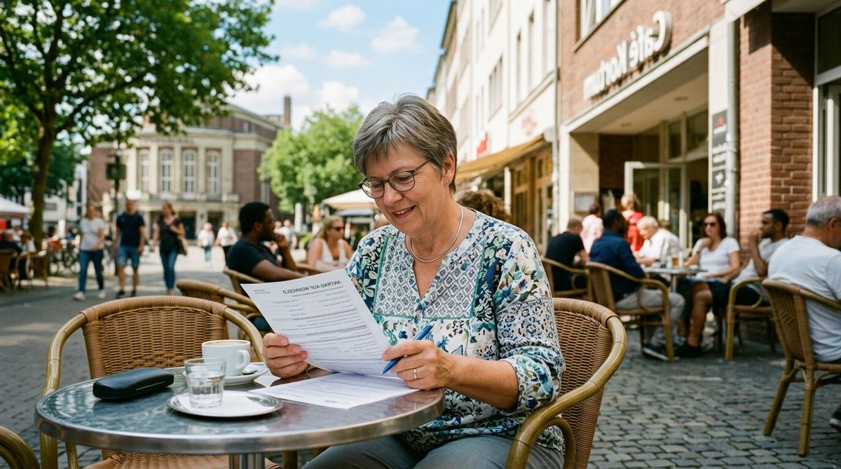 Frau im Caf&eacute; im Freien f&uuml;llt Unterlagen aus