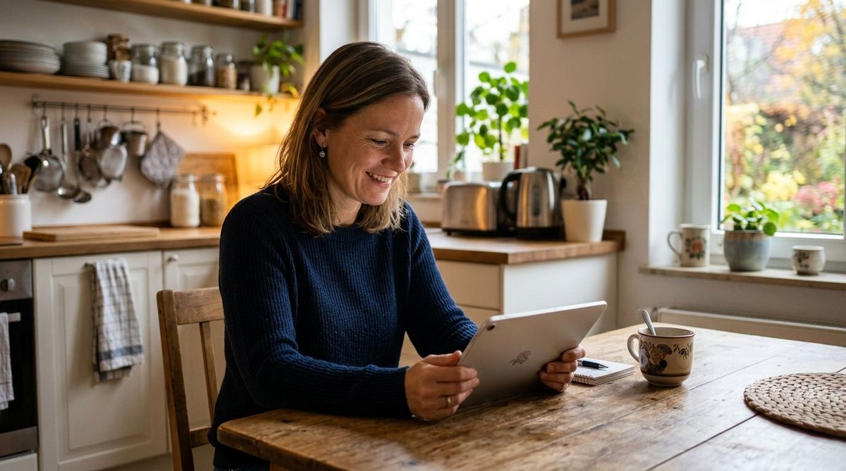 Frau informiert sich am Tablet in der K&uuml;che &uuml;ber politische Entscheidungen