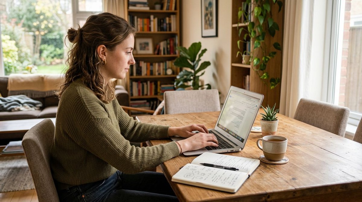Frau am Laptop im Homeoffice, besch&auml;ftigt sich mit Umfragen und Wahlhilfe