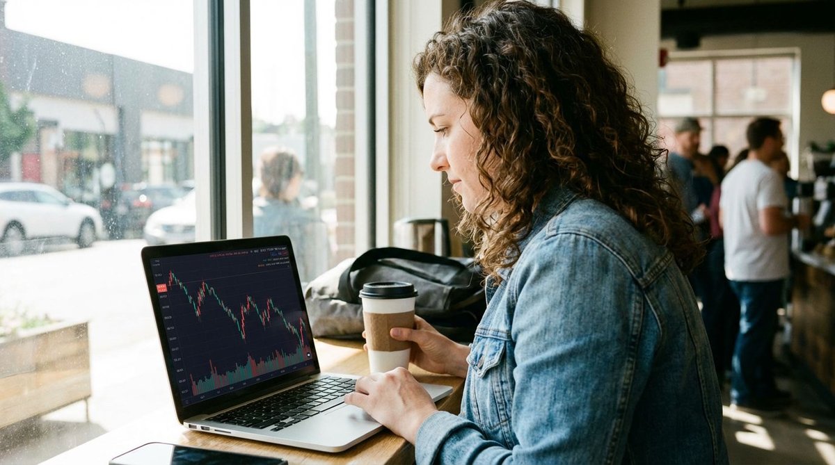 Frau am Laptop vergleicht Wahlumfrage-Ergebnisse im Homeoffice