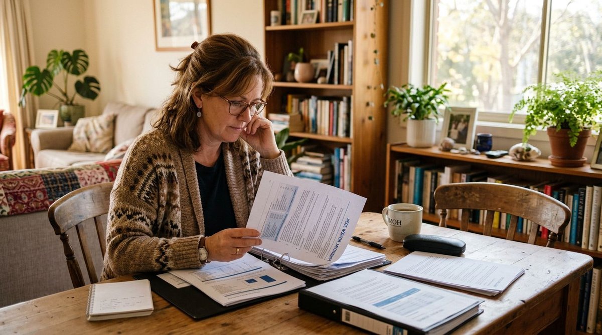 Frau liest Wahlunterlagen zu Hause und bereitet den Briefwahlantrag vor
