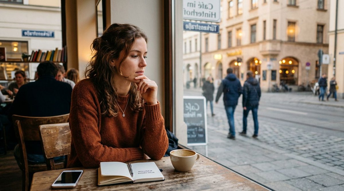 Frau in M&uuml;nchen &mdash; nachdenklich &uuml;ber Wahlentscheidung und Zukunft