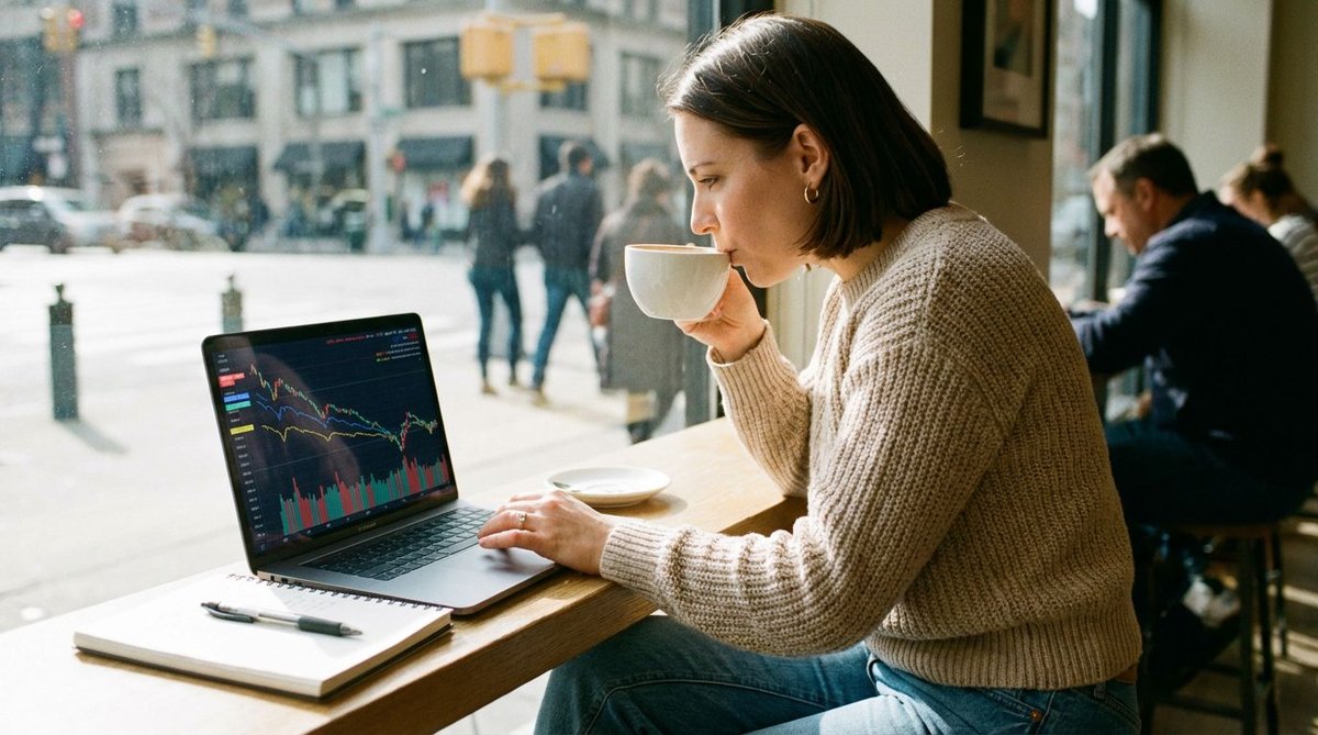 Frau analysiert Umfragewerte am Notebook