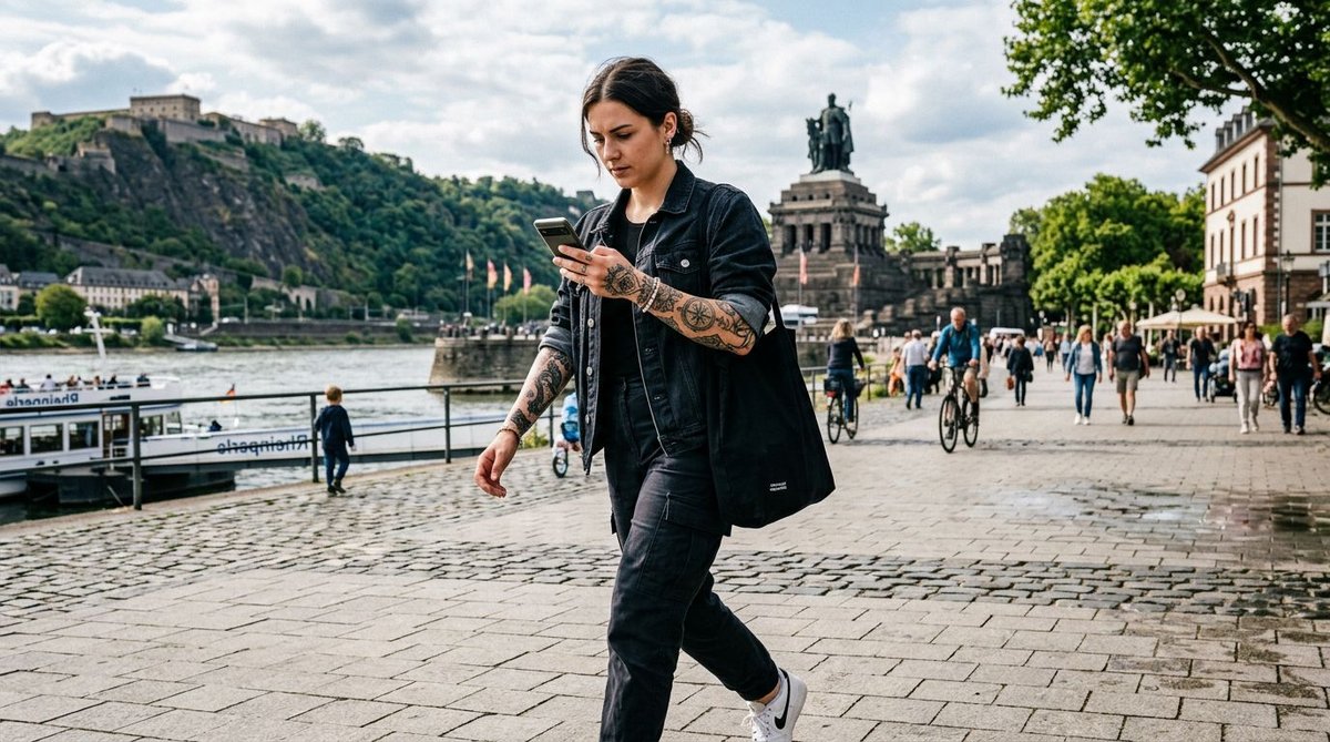 Frau mit Handy unterwegs in der Stadt