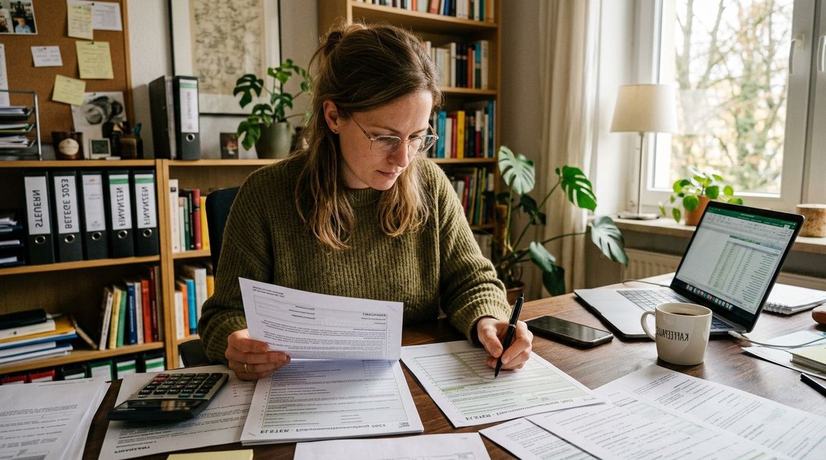 Frau im Wahllokal mit Stimmzettel bei der Bundestagswahl