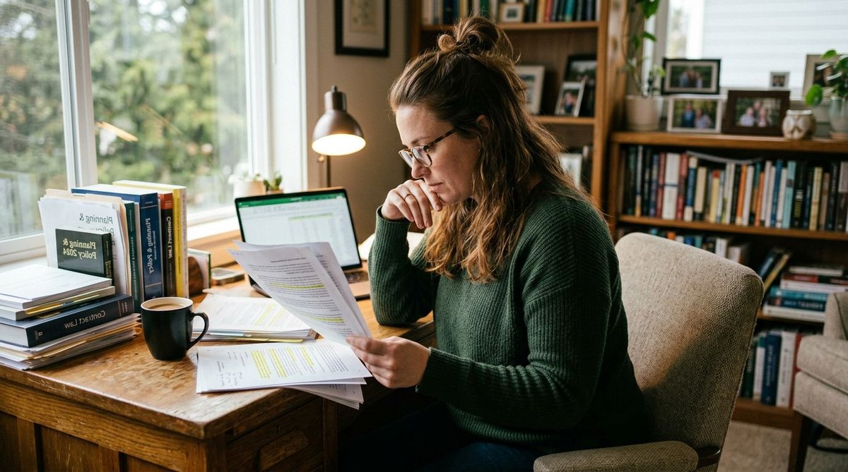Frau pr&uuml;ft Wahlunterlagen im Homeoffice