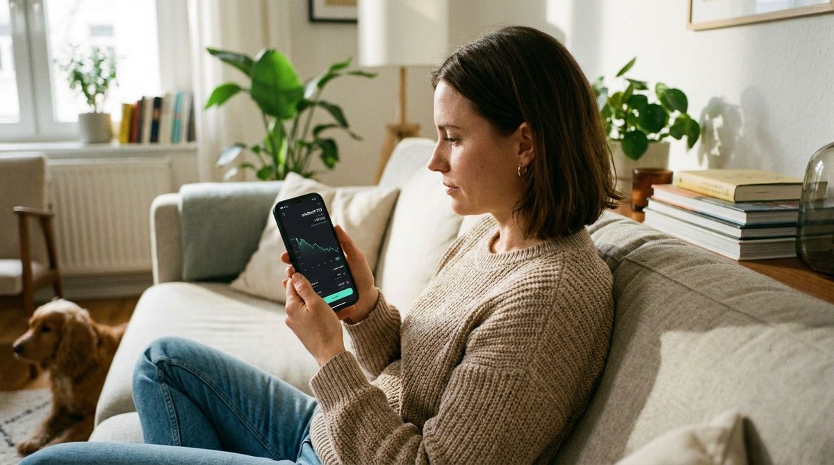 Frau checkt Wahlumfrage auf dem iPhone