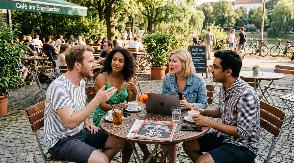 Freunde in einem Caf&eacute; in M&uuml;nchen diskutieren &uuml;ber Politik