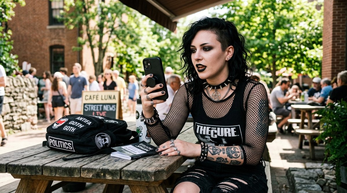 Frau liest Politik-News auf Handy im Sommer drau&szlig;en