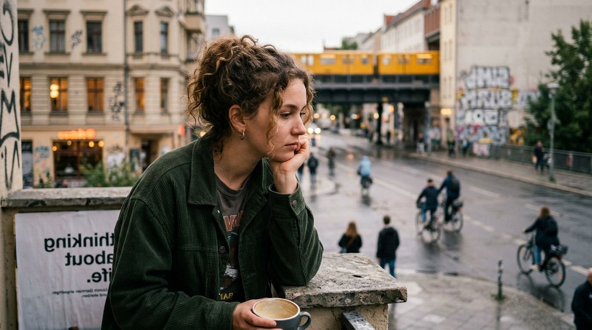 Junge Frau in Berlin &mdash; nachdenklich &uuml;ber Politik und Zukunft
