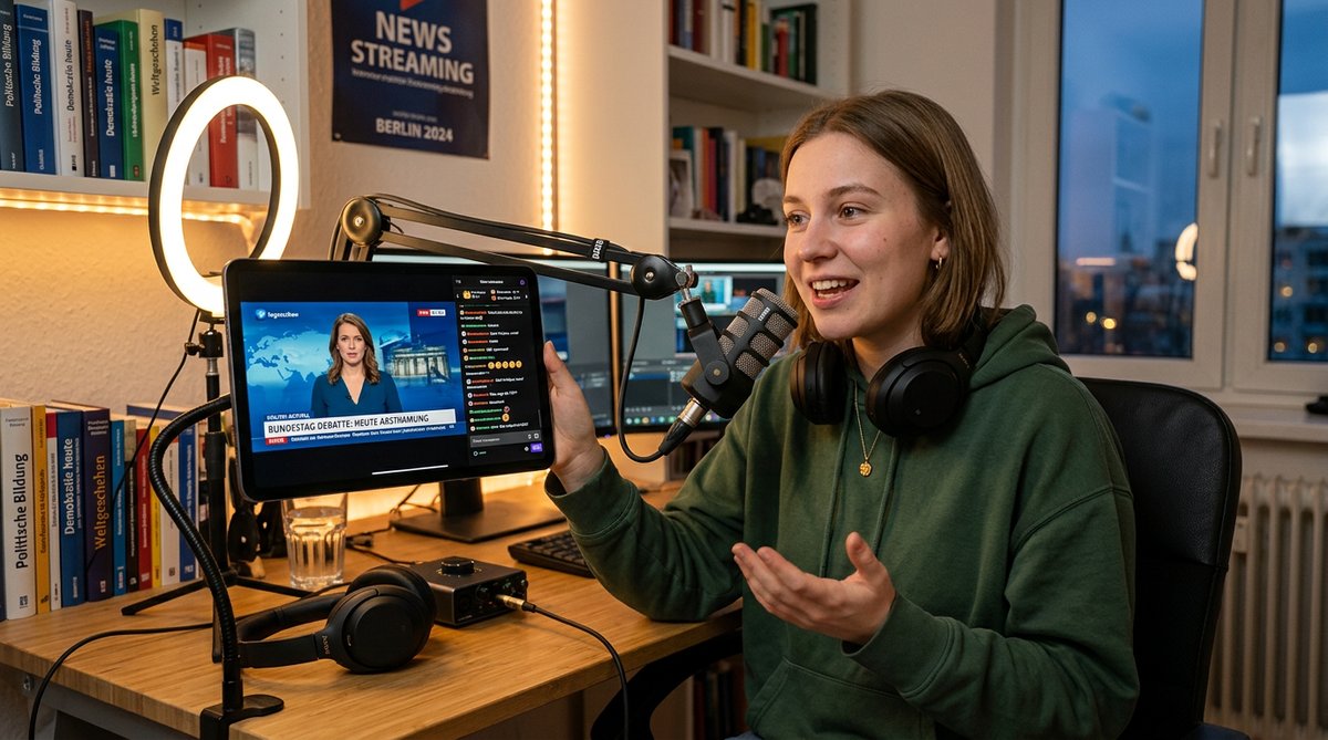 Junge Frau liest Politik-Nachrichten auf iPad in Wohnung