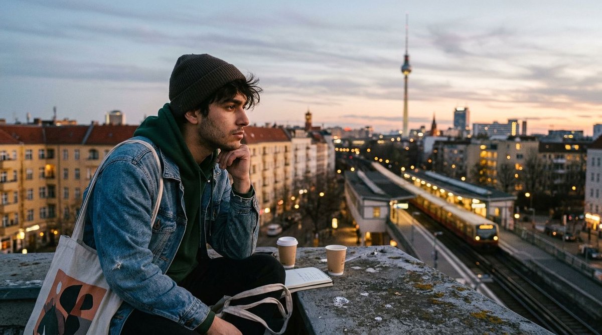 Junger Mann denkt in Berlin nachdenklich &uuml;ber seine Wahlentscheidung nach