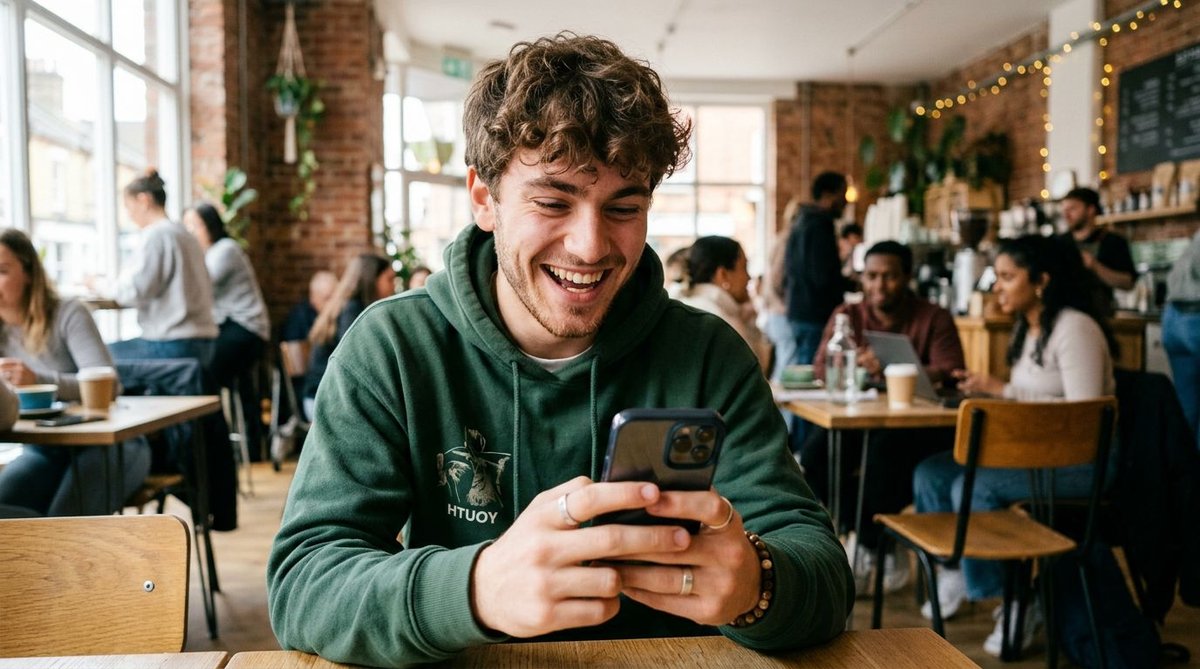 Junger Mann der Generation Z grinst beim Lesen von Wahlumfrage-News