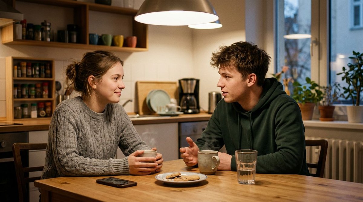 Junges Paar plant Umfrageteilnahme am Laptop in der K&uuml;che