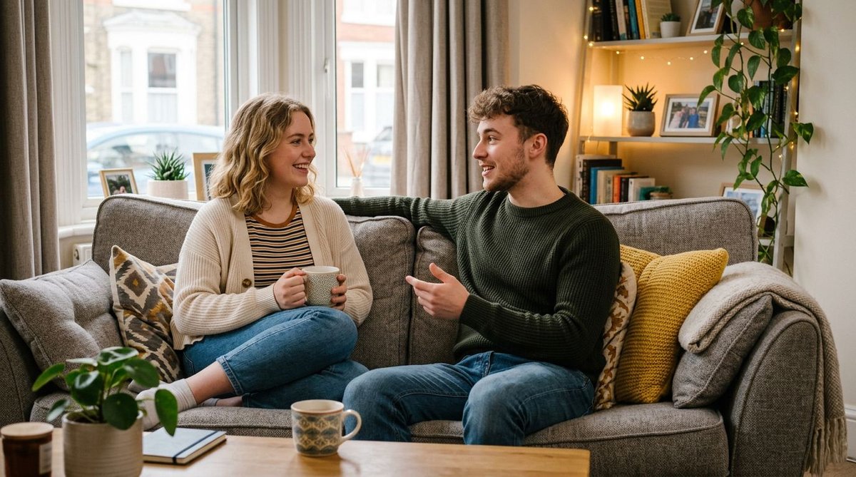 Junges Paar diskutiert auf dem Sofa &uuml;ber Wahlumfragen