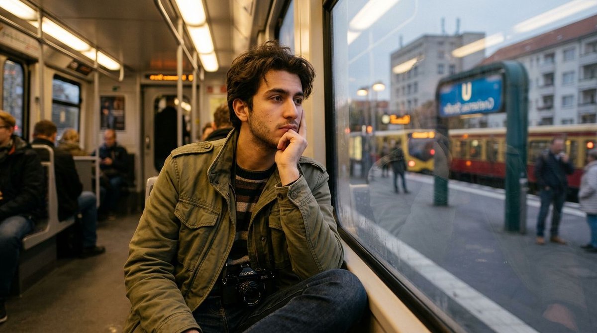 Mann in Berlin blickt nachdenklich in die Zukunft