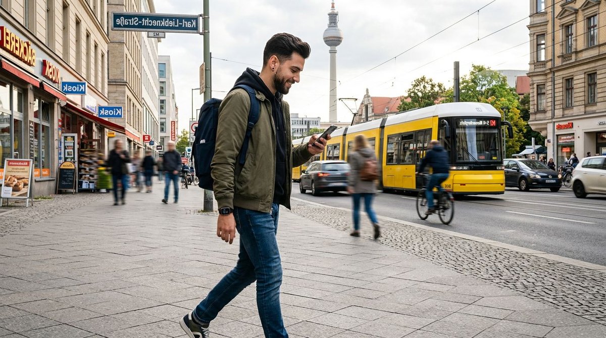 Mann pr&uuml;ft Wahlumfragen auf dem Handy in Berlin