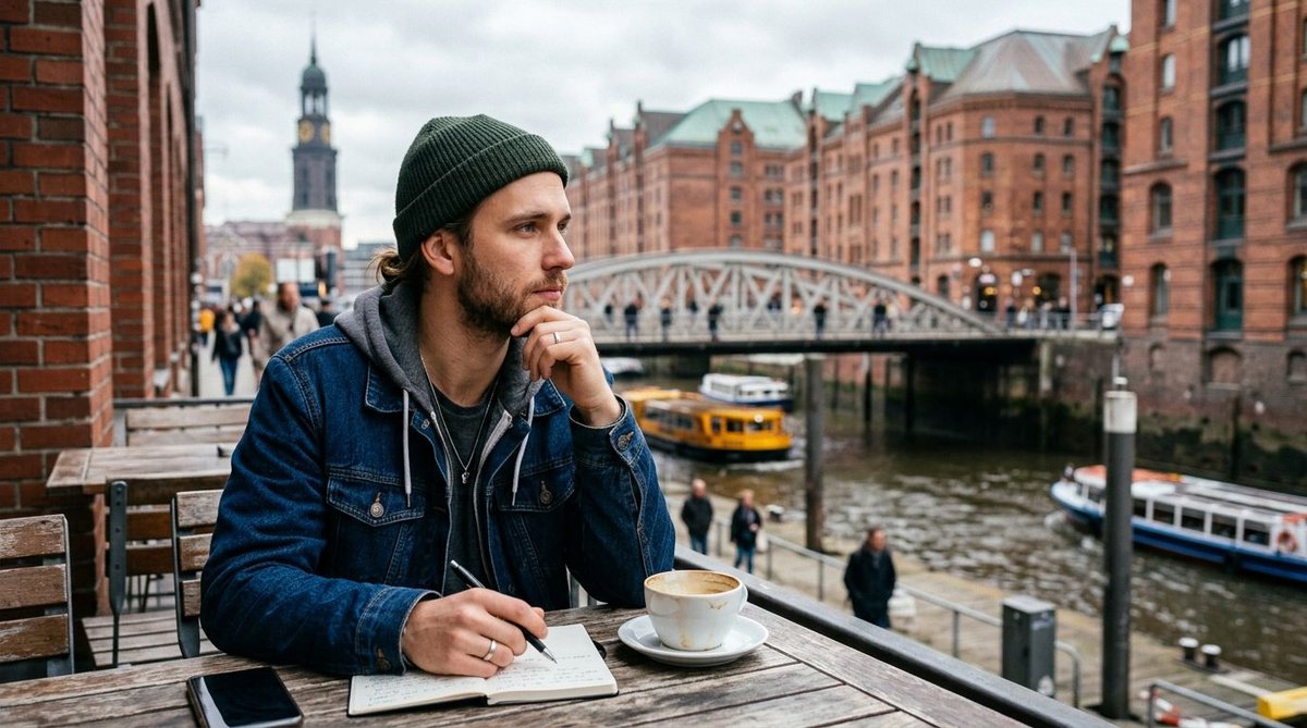 Nachdenklicher Mann am Hamburger Hafen &uuml;berlegt seine Wahlentscheidung