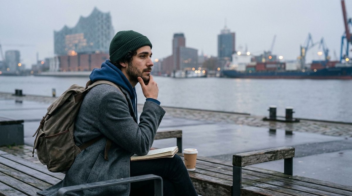 Mann blickt nachdenklich &uuml;ber die Elbe