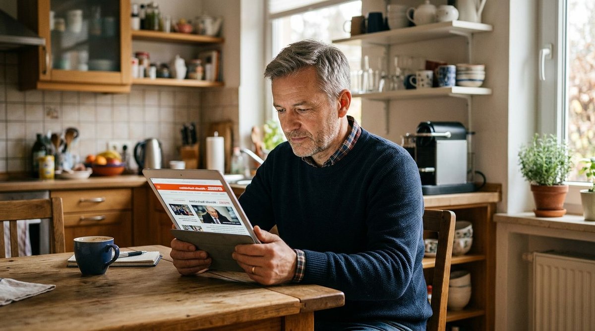 Mann liest Wahlnachrichten am Tablet beim Fr&uuml;hst&uuml;ck