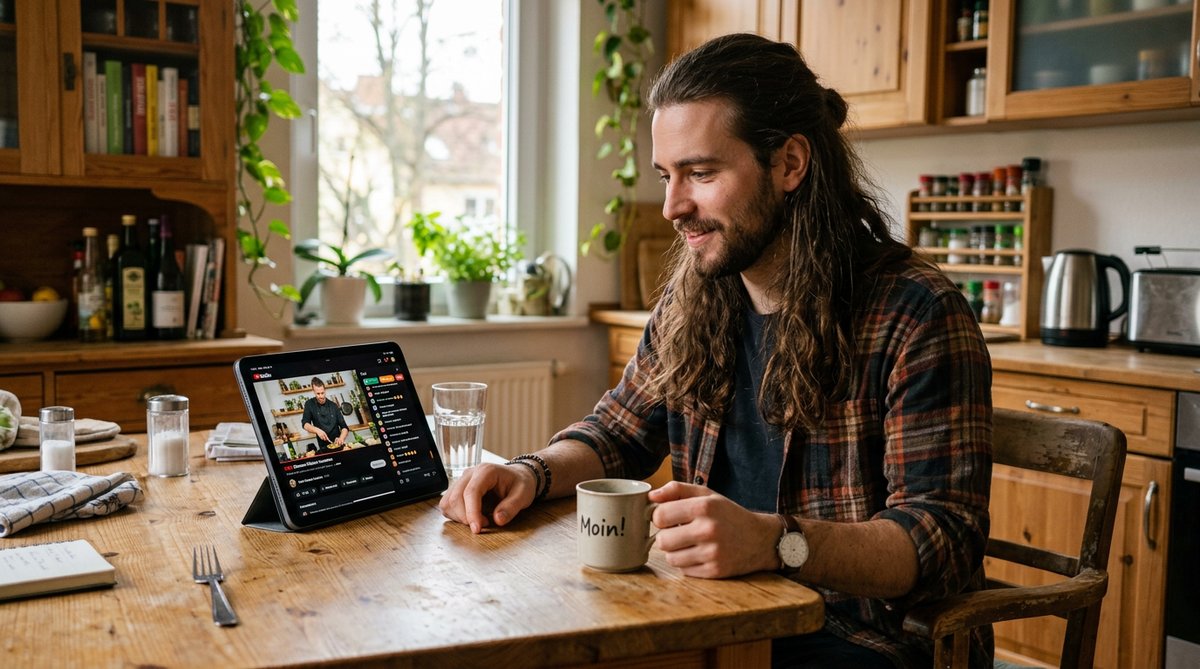 Mann verfolgt politische Inhalte am Tablet beim Fr&uuml;hst&uuml;ck