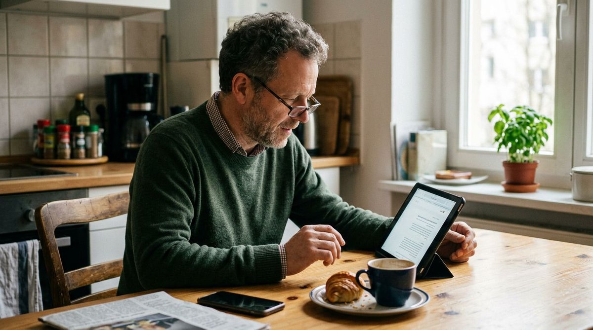 Mann pr&uuml;ft politische Nachrichten auf dem Tablet &mdash; Symbolbild f&uuml;r Haushaltskontrolle