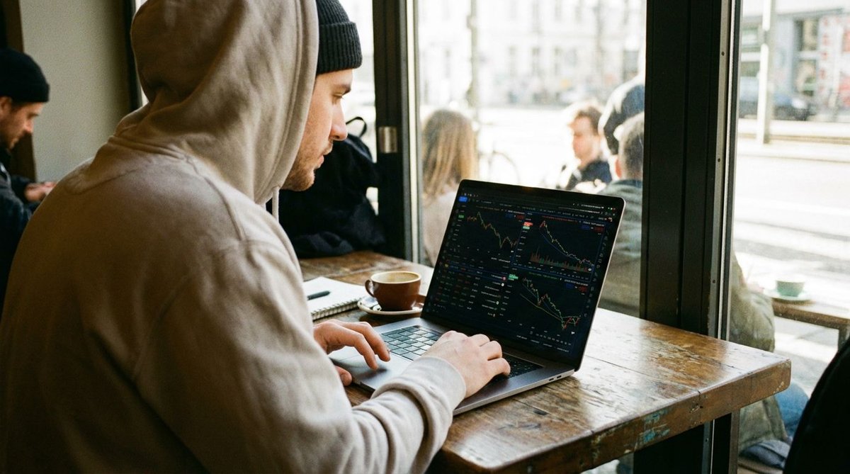 Mann vergleicht Umfragemethoden am Laptop
