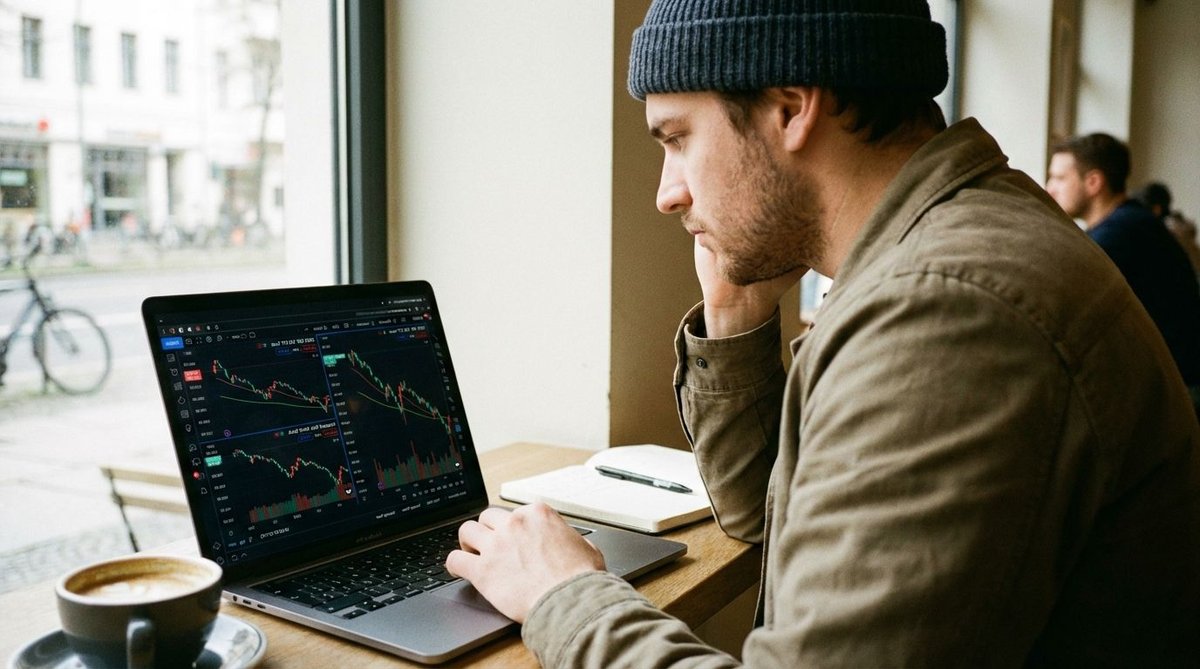 Mann am Notebook analysiert Umfragewerte zu Hause