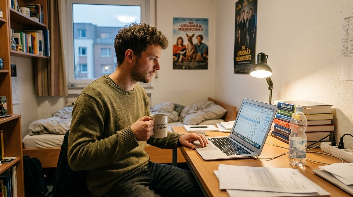 Student informiert sich am Laptop &uuml;ber politische Nachrichten