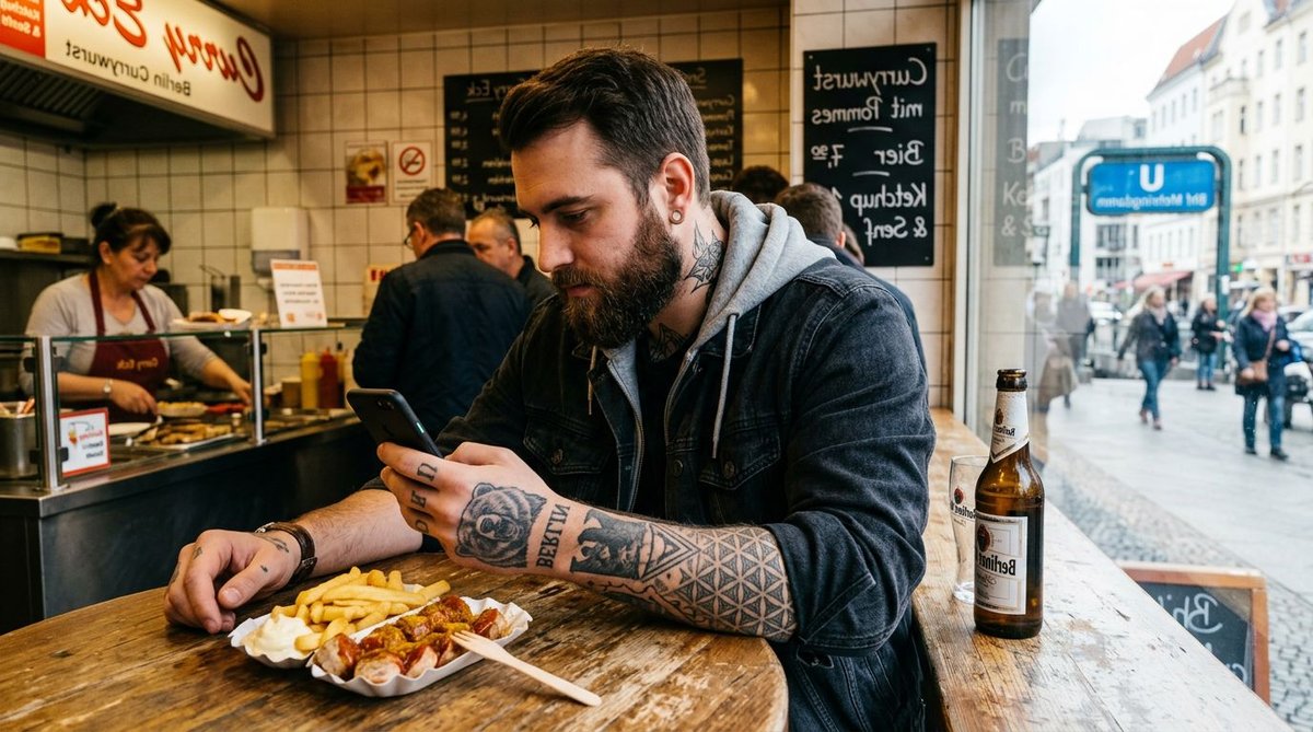 Mann liest Wahlumfrage-News auf dem Handy