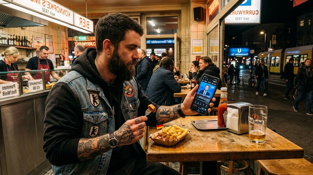 Mann in Berlin mit Currywurst schaut Wahlumfrage auf dem Handy
