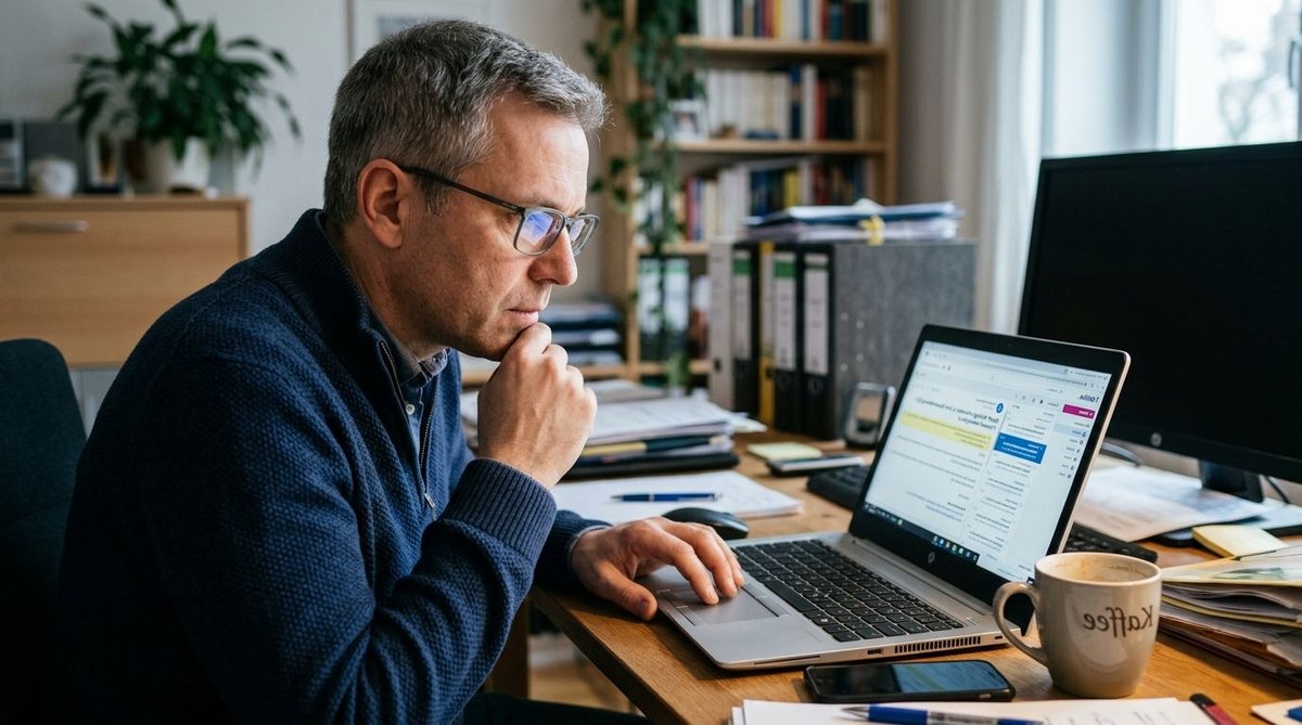 Mann am Schreibtisch mit Wahlunterlagen und Nachrichten zur Wahl