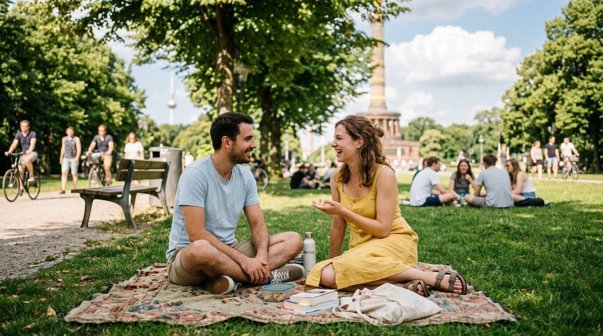 Paar im Berliner Park im Gespr&auml;ch &uuml;ber Politik und Zukunft