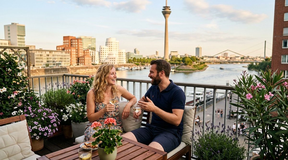 Paar auf einem Balkon in D&uuml;sseldorf diskutiert abends &uuml;ber Wahlentscheidung