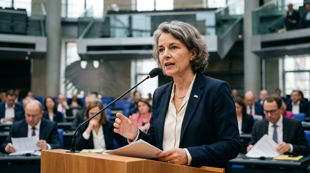 Politikerin h&auml;lt eine Rede am Mikrofon im Plenarsaal des Bundestags