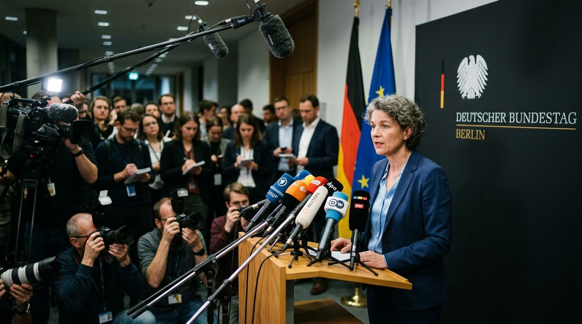 Pressekonferenz Berlin Regierungsviertel Mikrofone Kameras Politik Statement