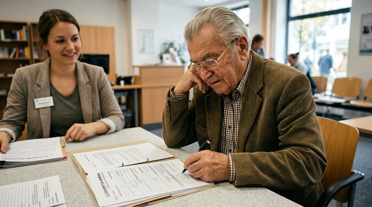 Rentner unterschreibt Unterlagen zu einer politischen Wahlumfrage