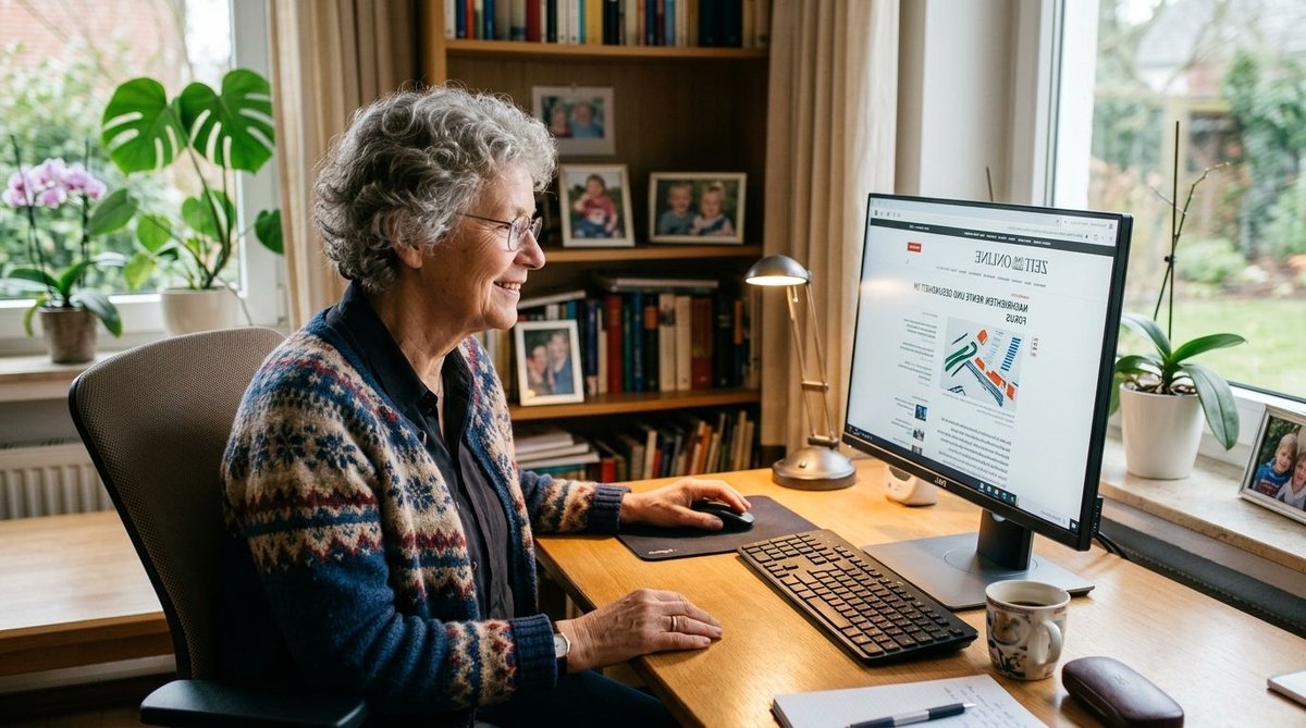 Rentnerin informiert sich am Computer &uuml;ber Wahlumfragen