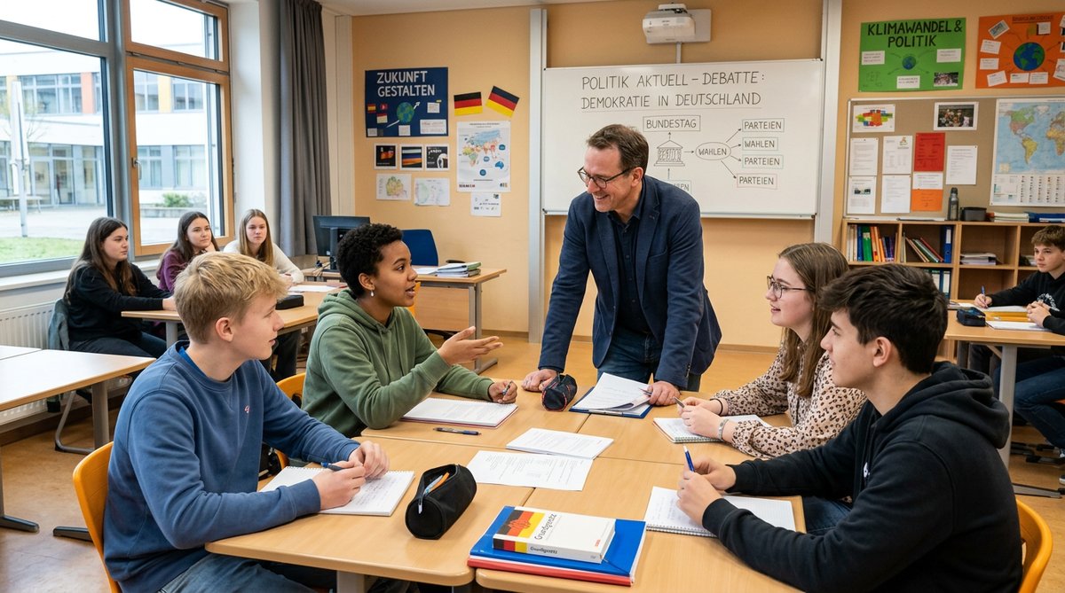Sch&uuml;ler diskutieren im Klassenzimmer &uuml;ber Politik und Wahlrecht