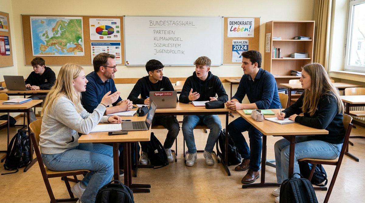 Sch&uuml;ler im Politikunterricht diskutieren &uuml;ber das Wahlsystem