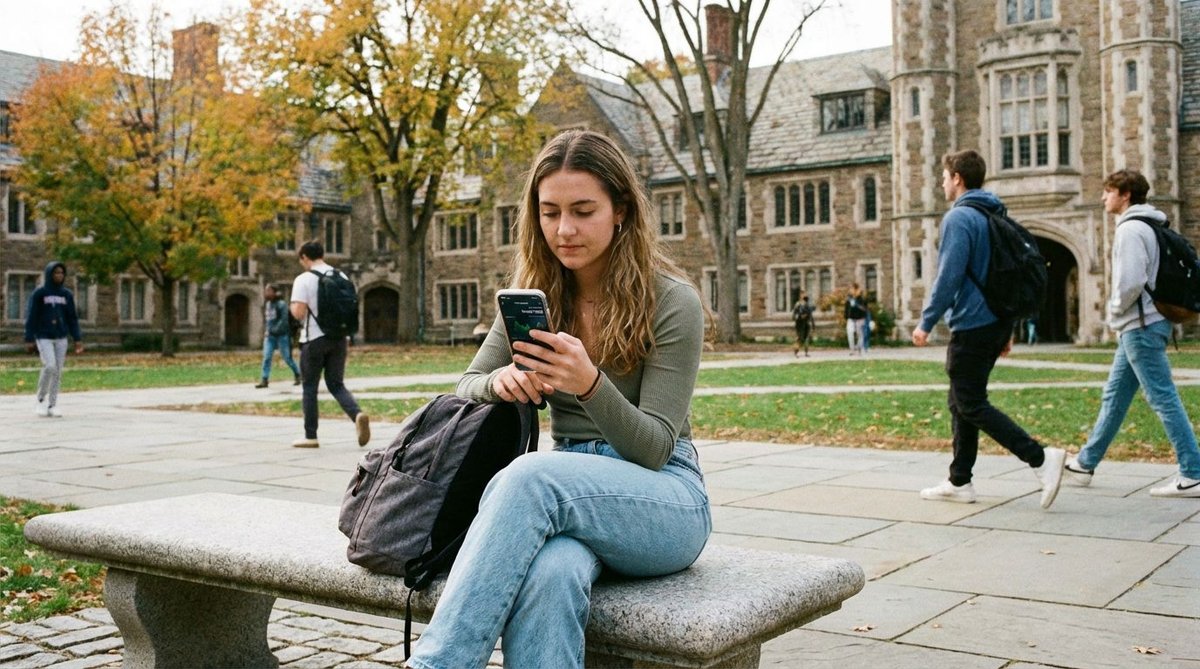 Studentin pr&uuml;ft Wahlumfragen auf dem Smartphone