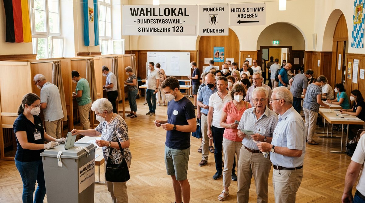 Wahllokal in M&uuml;nchen mit Wahlkabinen bei einer Bundestagswahl